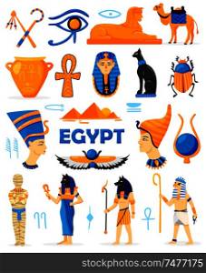 Egypt color set of isolated doodle characters with gods and worshippers ancient clothes antiquities and hieroglyphs vector illustration