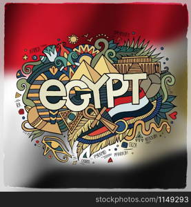 Egypt country hand lettering and doodles elements and symbols emblem. Vector blurred flag background. Egypt country hand lettering and doodles elements