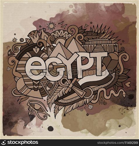 Egypt country hand lettering and doodles elements and symbols emblem. Vector watercolor stains background. Egypt country hand lettering and doodles elements