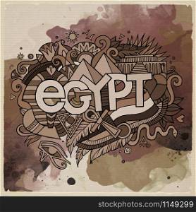 Egypt country hand lettering and doodles elements and symbols emblem. Vector watercolor stains background. Egypt country hand lettering and doodles elements