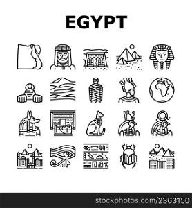 Egypt Country Monument Excursion Icons Set Vector. Egypt Pyramid And Sphinx Antique Construction, Pharaoh And Egyptian God, Hieroglyph And Desert, Abu Simbel And Giza City Black Contour Illustrations. Egypt Country Monument Excursion Icons Set Vector