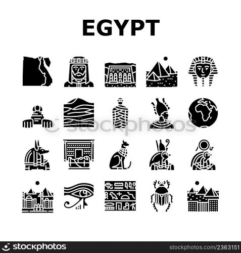 Egypt Country Monument Excursion Icons Set Vector. Egypt Pyramid And Sphinx Antique Construction, Pharaoh Egyptian God, Hieroglyph Desert, Abu Simbel And Giza City Glyph Pictograms Black Illustrations. Egypt Country Monument Excursion Icons Set Vector