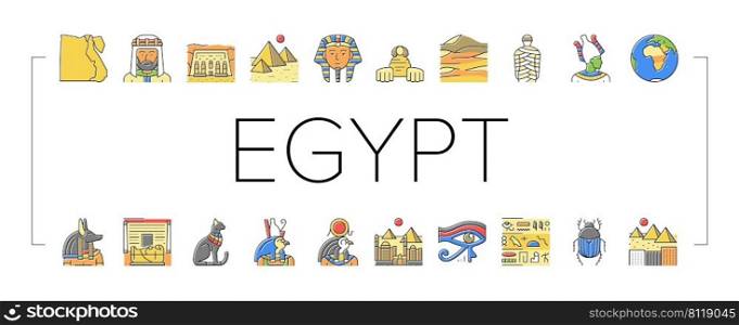 Egypt Country Monument Excursion Icons Set Vector. Egypt Pyramid And Sphinx Antique Construction, Pharaoh And Egyptian God, Hieroglyph And Desert, Abu Simbel And Giza City Color Illustrations. Egypt Country Monument Excursion Icons Set Vector