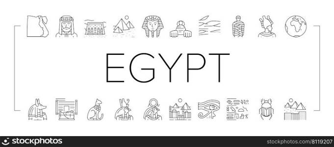 Egypt Country Monument Excursion Icons Set Vector. Egypt Pyramid And Sphinx Antique Construction, Pharaoh And Egyptian God, Hieroglyph And Desert, Abu Simbel And Giza City Black Contour Illustrations. Egypt Country Monument Excursion Icons Set Vector