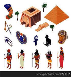 Egypt cultural symbols landmarks and attractions isometric icons collection with pyramid ethnic native clothing isolated vector illustration . Egypt Isometric Set
