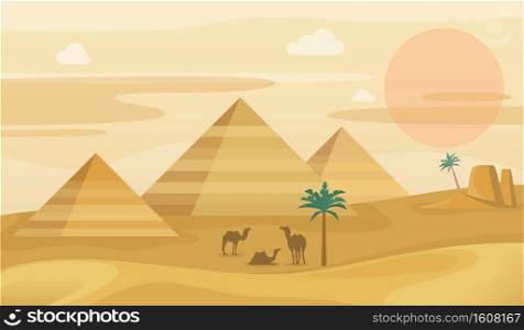 Egypt desert landscape. Egyptian pyramids with camels silhouette, African sand dunes panorama, hot sahara sunset, palm trees and mountains. tourism and travel illustration vector horizontal background. Egypt desert landscape. Egyptian pyramids with camels, African sand dunes panorama, sahara sunset, palm trees and mountains. tourism and travel illustration vector horizontal background