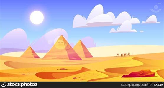 Egypt desert landscape with pyramids and camels caravan. Egyptian ancient architecture at golden sand dunes under blue cloudy sky and bedouins waking on horizon in Sahara, cartoon vector illustration.. Egypt desert landscape with pyramids and camels