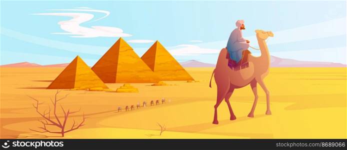 Egypt desert landscape with pyramids and camels caravan. Egyptian ancient architecture at sand dunes under blue cloudy sky and bedouins waking on horizon in African Sahara Cartoon vector illustration. Egypt desert landscape with pyramids and camels