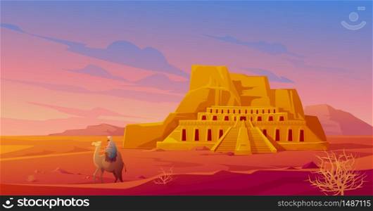 Egypt desert with Hatshepsut temple, camel with arab, mountain and tumbleweed. Vector cartoon landscape of egyptian ancient landmark. Pharaoh tomb in Sahara at sunset. Egypt desert with Hatshepsut temple and camel