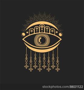 Egypt eye occult sign, Egyptian cross, moon isolated mason and magic tarot sign. Vector mystery esoteric symbol, tattoo design element. Egypt eye occult sign, Egyptian cross mason symbol