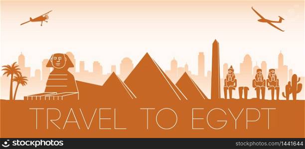 Egypt famous landmark by vintage plane fly over in orange and brown silhouette design,vector illustration