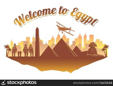 Egypt famous landmark silhouette style on float orange and brown color island country name text,travel and tourism,vector illustration