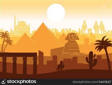 Egypt famous landmark silhouette style with row design on sunset time,orange and brown color,vector illustration