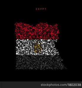 Egypt flag map, chaotic particles pattern in the colors of the Egyptian flag. Vector illustration isolated on black background.. Egypt flag map, chaotic particles pattern in the Egyptian flag colors. Vector illustration