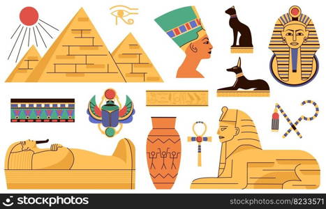 Egypt flat elements, sculpture and egyptian building pyramids. Oasis landmark monuments, historical ancient pharaon and architecture decent vector kit. Illustration of egyptian sculpture pyramid. Egypt flat elements, sculpture and egyptian building pyramids. Oasis landmark monuments, historical ancient pharaon and architecture decent vector kit