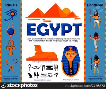 Egypt flowchart composition with authentic egyptian symbols and ancient characters with editable text captions and signs vector illustration