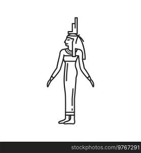 Egypt god Isis, goddess of ancient Egyptian religion, vector line icon. Egypt mythology and culture, sacred religion symbol and gods pantheon sign in outline. Isis, Egypt goddess, ancient Egyptian god icon