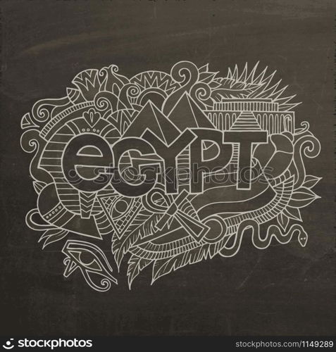 Egypt hand lettering and doodles elements background. Vector chalkboard illustration. Egypt hand lettering and doodles elements background