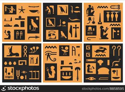 Egypt hieroglyph decoration at pattern set. Ancient historical elements at decorative background collection, vector illustration. Trditional culture hieroglyph at seamless banner. Egypt hieroglyph decoration at pattern set