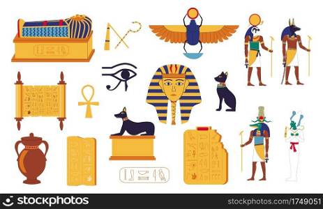 Egypt hieroglyphs. Cartoon Egyptian culture elements. Ancient graves of pharaohs, mythological gods, lettering on stone tablets and papyrus. Religious symbols and sacral animals. Vector historical set. Egypt hieroglyphs. Cartoon Egyptian culture elements. Ancient graves of pharaohs, mythological gods, lettering on stone tablets and papyrus. Religious symbols and animals, vector set