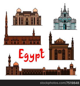 Egypt historic landmarks and sightseeings, famous showplaces. Vector detailed icons of Saint Virgin Mary Church, Abu al-Abbas al-Mursi, Al-Hussein, Al-Azhar Mosque, Mosque-Madrassa of Sultan Hassan for souvenir decoration elements. Egypt historic landmarks and sightseeings