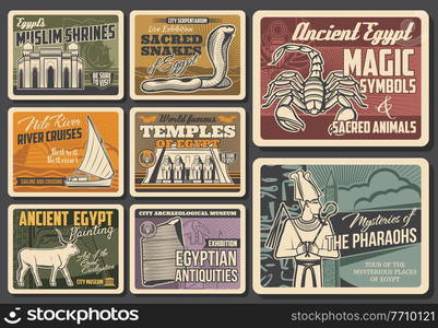 Egypt landmarks, history museum and culture symbols vector banners. Mosque, Abu Simbel temple and Egyptian obelisk, cobra, scorpion and sacred Buchis bull, god Osiris, Rosetta Stone and felucca boat. Egyptian history, culture religion museum posters