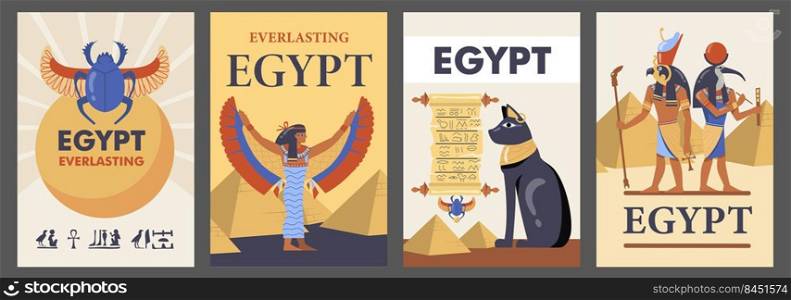 Egypt posters set. Egyptian pyramids, cats, gods, Isis, scarab vector illustrations with text. Templates for travel flyers or brochures
