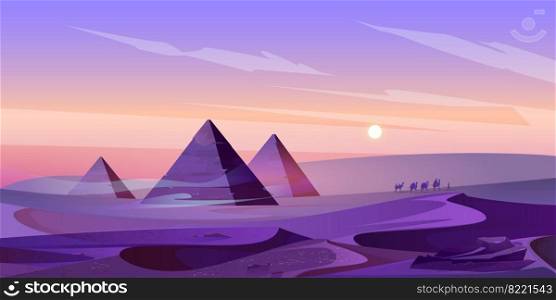 Egypt pyramids and Nile river in dusk desert, egyptian pharaoh tomb complex in Giza plateau illuminated with sunset light under purple sky. Cartoon vector ancient famous touristic african landmark. Egypt pyramids and Nile river in dusk desert.