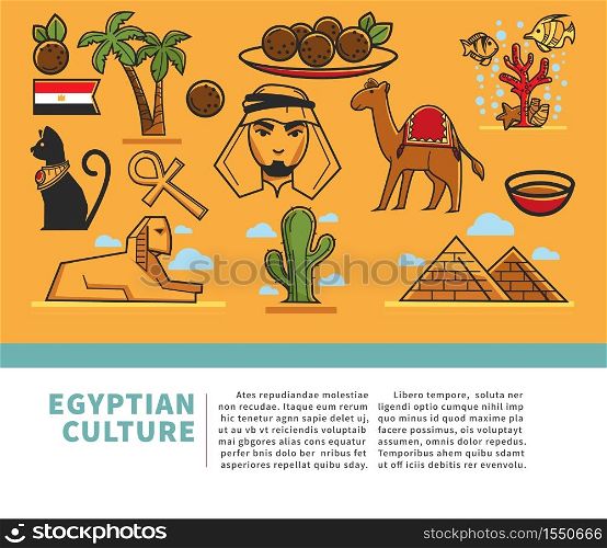 Egypt resort Egyptian culture symbols traveling and tourism vector national flag and palm trees meat balls and coral reef cat statue and coptic cross Bedouin and camel sphinx and pyramids cactus.. Egyptian culture symbols traveling and tourism Egypt resort