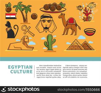 Egypt resort Egyptian culture symbols traveling and tourism vector national flag and palm trees meat balls and coral reef cat statue and coptic cross Bedouin and camel sphinx and pyramids cactus.. Egyptian culture symbols traveling and tourism Egypt resort