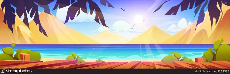 Egypt sand mountain on sea shore vector background. Dubai resort wooden embankment with palm tree leaves for vacation journey tropical panorama. East river coast wallpaper with sun beam light. Egypt sand mountain on sea shore vector background