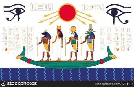 Egypt scene. Ancient mythology fresco with Egyptian religious divine characters and hieroglyphs. Gods sailing on boat on water. Old traditional art, colorful sacred mural. Vector historic illustration. Egypt scene. Ancient mythology fresco with Egyptian religious characters and hieroglyphs. Gods sailing on boat on water. Old traditional art, sacred mural. Vector historic illustration