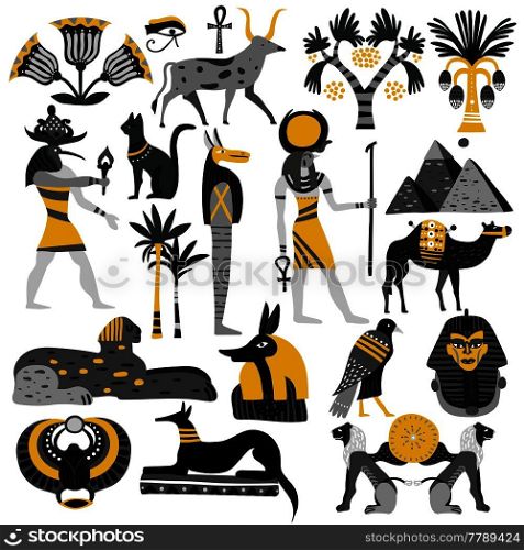 Egypt set of decorative icons with ancient gods, sphinx, scarab, pyramids, palm trees, ankh isolated vector illustration. Egypt Decorative Icons Set