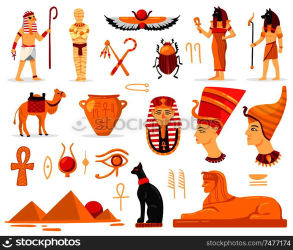 Egypt set with isolated images of ancient egyptian antiquities characters of worshippers authentic script and symbols vector illustration