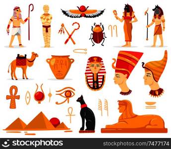 Egypt set with isolated images of ancient egyptian antiquities characters of worshippers authentic script and symbols vector illustration