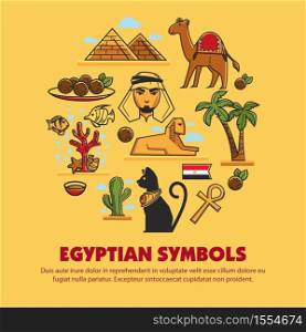 Egypt symbols architecture cuisine and animals Egyptian culture vector pyramids and camel palms and sphinx coptic cross and cat bedouin and arab man and meat balls coral reef and cactus flag.. Egyptian symbols travel to Egypt architecture cuisine and animals