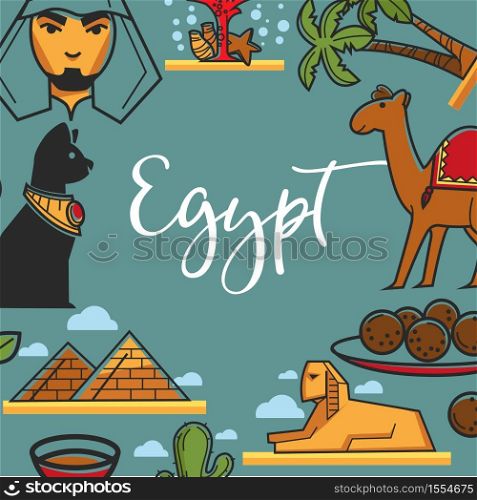 Egypt symbols frame architecture cuisine and animals Egyptian culture vector pyramids and sphinx camel palms and cactus and cat bedouin or arab man and meat balls coral reef and sauce framework.. Egyptian symbols frame architecture cuisine and animals travel to Egypt
