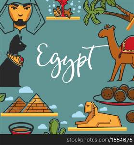 Egypt symbols frame architecture cuisine and animals Egyptian culture vector pyramids and sphinx camel palms and cactus and cat bedouin or arab man and meat balls coral reef and sauce framework.. Egyptian symbols frame architecture cuisine and animals travel to Egypt