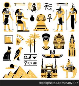 Egypt symbols set in golden and black colors with ancient egyptian deities pyramid and minaret flat vector illustration. Egypt Symbols Decorative Icons Set