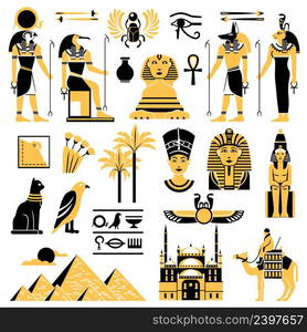 Egypt symbols set in golden and black colors with ancient egyptian deities pyramid and minaret flat vector illustration. Egypt Symbols Decorative Icons Set