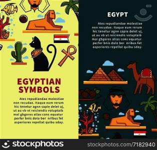 Egypt symbols travel company promotional vertical posters set. Famous architecture, old relics, bedouin from desert, coral reef, local plants and traditional dish cartoon vector illustrations.. Egypt symbols travel company promotional vertical posters set