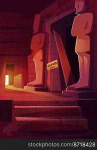 Egypt temple or pyramid interior, tomb room with brick walls, statues, stairs, hieroglyphs and signboard danger on entrance. Ancient Egyptian museum, history game level, Cartoon vector illustration. Egypt temple or pyramid interior, tomb room, game