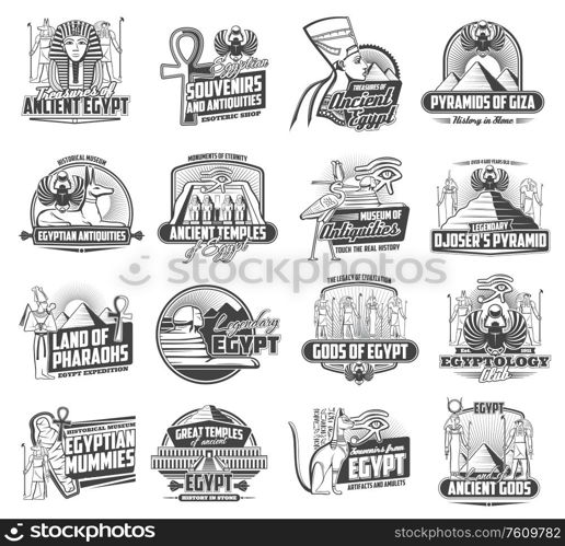 Egypt tourism and travel vector icons, Ancient Egypt culture and ancient landmarks. Welcome tor Egypt, Egyptology antiquities and mummy museum, pharaoh temples, Giza pyramids and souvenirs shop. Ancient Egypt gods, Cairo travel and tourism icons