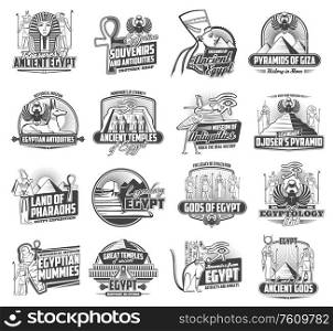 Egypt tourism and travel vector icons, Ancient Egypt culture and ancient landmarks. Welcome tor Egypt, Egyptology antiquities and mummy museum, pharaoh temples, Giza pyramids and souvenirs shop. Ancient Egypt gods, Cairo travel and tourism icons