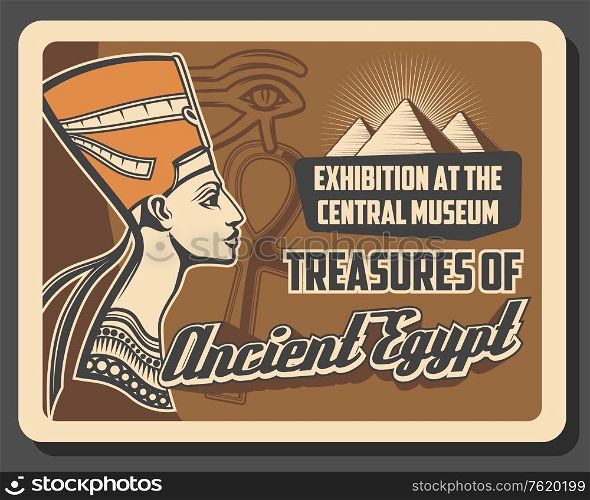 Egypt tourist landmark tours and historic museum vintage poster. Vector travel agency and culture sightseeing of Cairo and Giza pyramids, Nefertiti and pharaoh mummy. Egypt Nefertiti museum, ancient culture tour