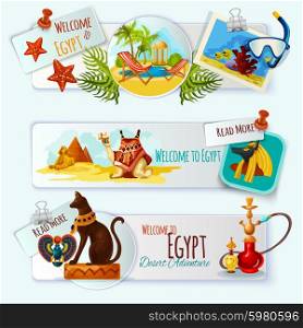 Egypt touristic banner horizontal set with cartoon landmarks isolated vector illustration. Egypt Touristic Banner Set
