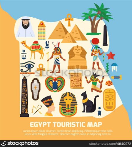 Egypt Touristic Map. Egypt touristic map with national landmarks and sights symbols flat vector illustration