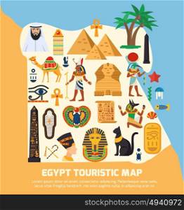 Egypt Touristic Map. Egypt touristic map with national landmarks and sights symbols flat vector illustration