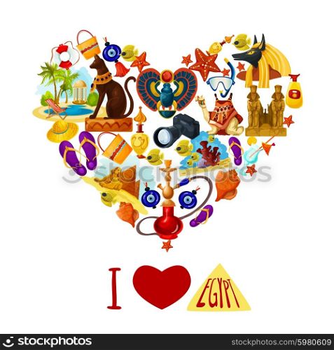 Egypt touristic poster with cartoon landmarks in heart shape vector illustration. Egypt Touristic Poster