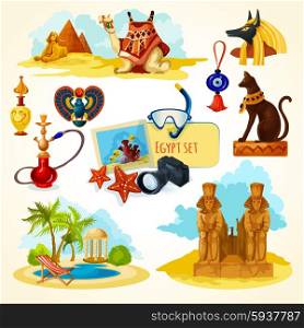 Egypt touristic set with cartoon travel attractions isolated vector illustration. Egypt Touristic Set